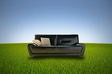 Comfortable leather sofa in a green grass meadowの写真素材