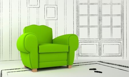 Interior project with real seat and other only draw lineの写真素材