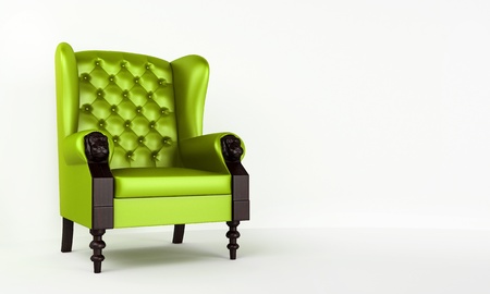 Green leather classic arm chair in white roomの写真素材