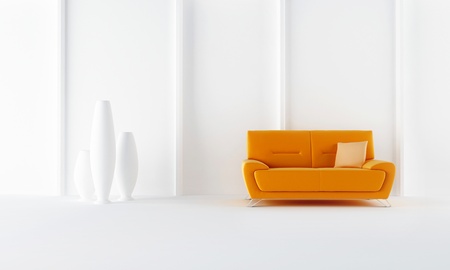 Orange modern sofa in white luminous roomの写真素材
