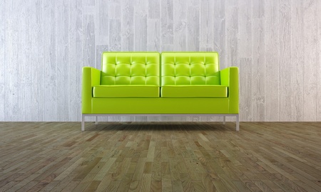 Green modern sofa in minimal room with parquet and concrete wallの写真素材