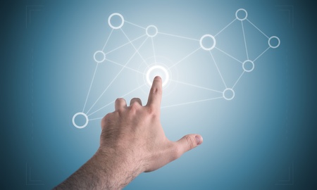 man hand and touch screen display with elastic menï¿½の写真素材