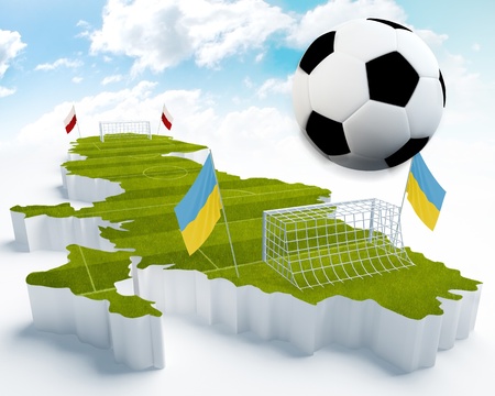 Ukraine and poland map transformed in soccer field for european championshipの写真素材