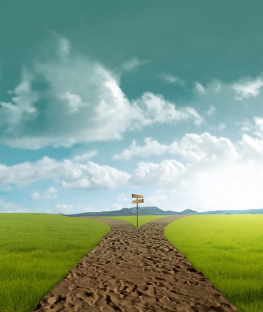 Crossroad dirt in rural landscape in sunset timeの写真素材