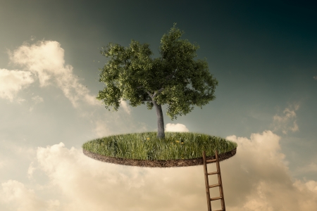 Suspended land with a single tree and a stairway to go upの写真素材