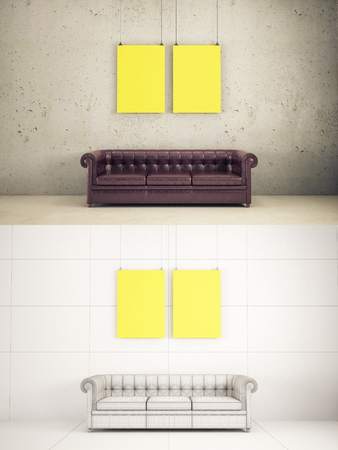 Home Interior texturized and wire version with poster frame mock-upの写真素材