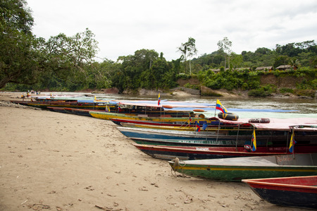 Canoes on a beach in the Amazon, Ecuadorのeditorial素材
