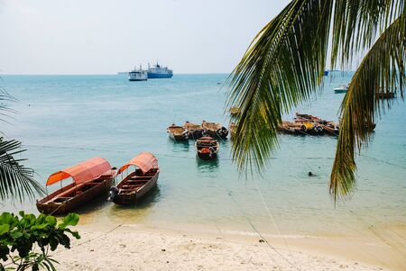 Boats on the beach, Stone Town, Zanzibar, Tanzaniaの写真素材