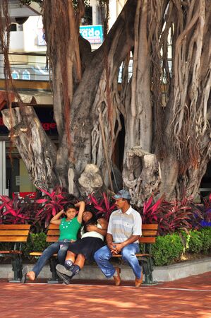 22-07-2009 Guayaquil City, Ecuador. Three unknown people sitting in a wooden bench under a treeのeditorial素材