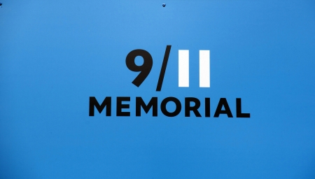 September 11 Memorial sign at Ground Zero Manhattan. Construction site for the new One World Trade Center.のeditorial素材