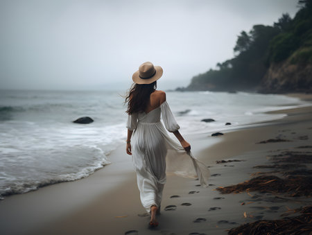 Rainy Beach Reverie: A Beautiful Woman's Serene Ocean Encounterの素材