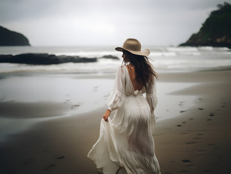 Elegant Beach Stroll: A Woman in a White Dress and Hat on a Rainy Dayの素材
