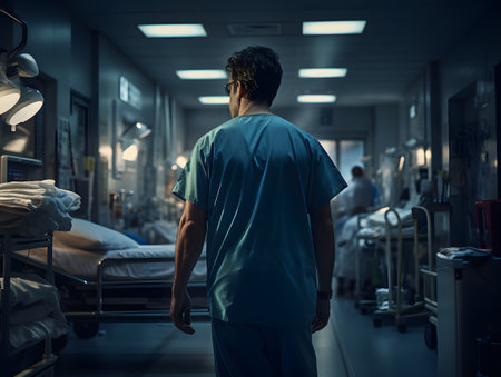 Doctor at Patient's Bedside in Well-Lit Hospital Roomの素材