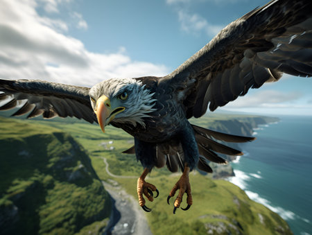 An eagle flying through the air on a clear day with small clouds in the backgroundの素材