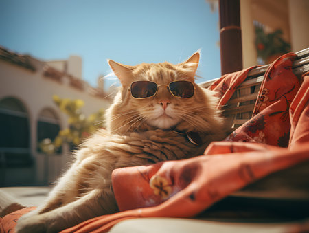 Cat enjoying the morning sun outdoors, wearing stylish sunglassesの素材