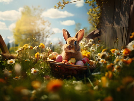 A charming image showscasing a bunny nestled among vibrant Easter eggs in a basket, surrounded by wildflowers, bathed in the golden light of a spring sunsetの素材