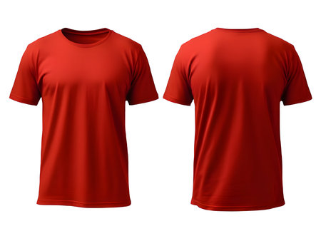Two red t-shirt without wrinkles, on a perfect white background, one front side and the back sideの素材