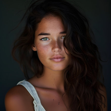 This close-up image captures a young woman with striking freckled skin and deep blue eyes, set against a dark background, highlighting her natural features and curly brown hairの素材
