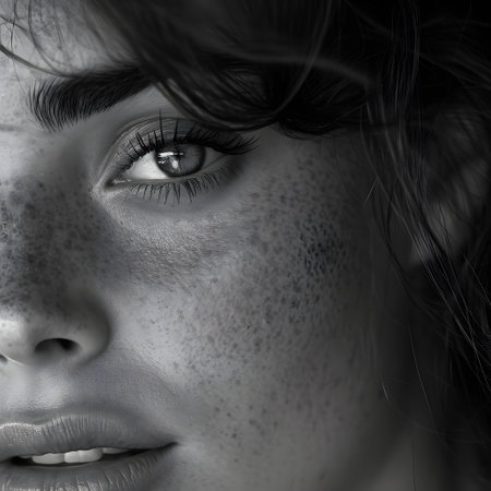 This striking black and white photo captures the intricate details of a woman's freckled face emphasizing her eye, partial nose, and cheekの素材