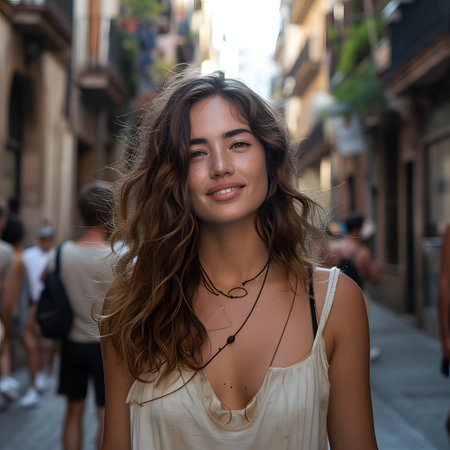 A portrait of a cheerful, young woman with sun-kissed, wavy hair standing in a lively city alley, illuminated by natural daylightの素材