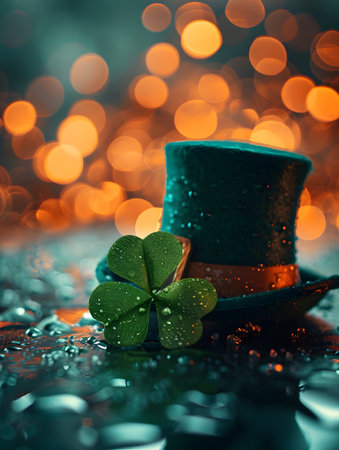 A green velvet leprechaun's top hat and a fresh clover rest on a wet surface, illuminated by soft, bokeh light in the background, in portrait orientation.の素材