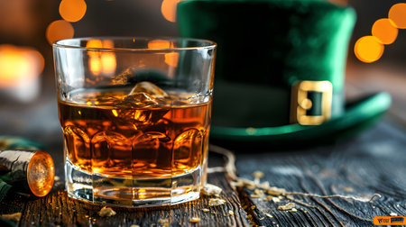 Celebrate Saint Patrick's Day with a close-up of whiskey-filled crystal glass on a dark surface, accented by a festive green hat in soft focus.の素材