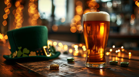 A clear glass of amber beer with a frothy head sits on a wooden bar beside a green top hat with shamrock decorations, evoking the spirit of St. Patricks Day.の素材