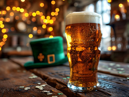 The spirit of St. Patrick's Day comes alive with a clear glass of amber beer, its frothy head gleaming, placed on a wooden bar next to a lively green top hat decorated with shamrocksの素材
