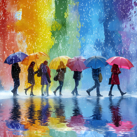 A group of individuals walk with colorful umbrellas against a vibrant, abstract background of falling rainbow paint droplets, reflecting on the wet surface below.の素材