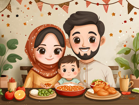 This image depicts a cheerful Islamic cartoon family with a mother, father and child sitting together at a dining table filled with various foodsの素材