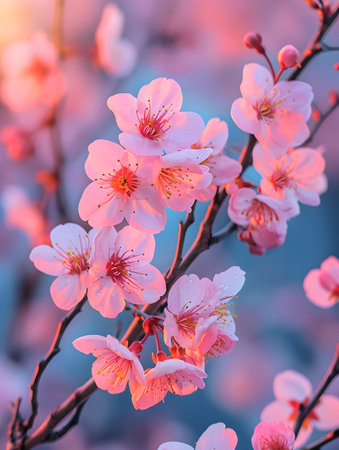 The delicate cherry blossoms highlighted by the soft, dusky light of twilight, showcasing their transient beautyの素材