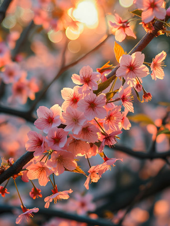 The delicate pink petals of cherry blossoms are radiant against the warm glow of a setting sunの素材
