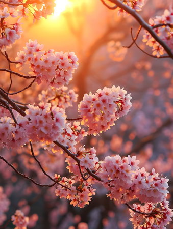 The warm glow of sunset lighting up delicate cherry blossoms in a peaceful orchardの素材