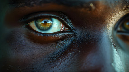 A detailed close-up of a persons eye, highlighting the intricate patterns within the iris and the reflection of light on the surface.の素材