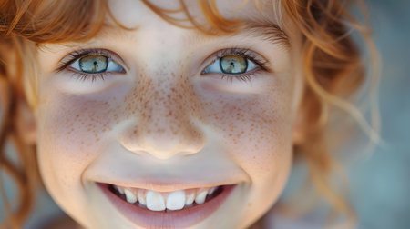 A close-up portrait of a red-haired child with striking blue eyes and freckles smiling brightly against a blurred background.の素材