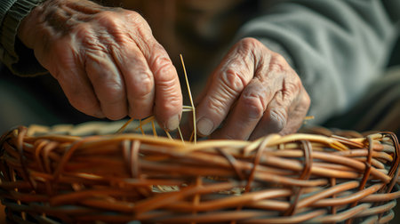 An elderly persons hands carefully work on weaving a traditional wicker basket, showing a timeless craft techniqueの素材