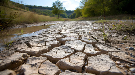 The patched soil showcases a network of deep cracks under the harsh sunlight in a dry riverbed, indicating a period of droughtの素材