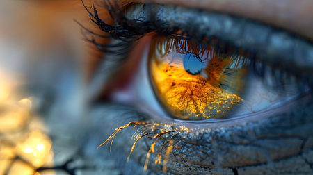 The detailed texture and vibrant color of a human eye vividly reflecting a landscape devastated by extreme drought and warm hues of a sunsetの素材