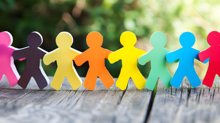A vibrant chain of multicolored paper figures standing hand in hand creates a symbol of diversity and togetherness on a wooden backgroundの素材
