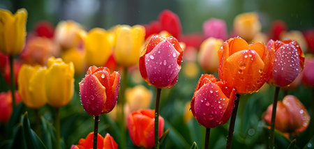 A colorful array of dew-kissed tulips stands tall in the soft light of an early spring morning, showcasing nature's vivid paletteの素材