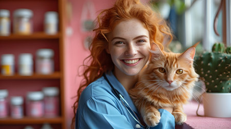 A vet with a striking red hair holds a happy cat in her arms in her surgeryの素材