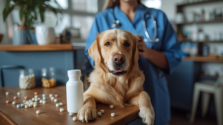 A dog at the vet's, sitting on a table with pills scattered around himの素材
