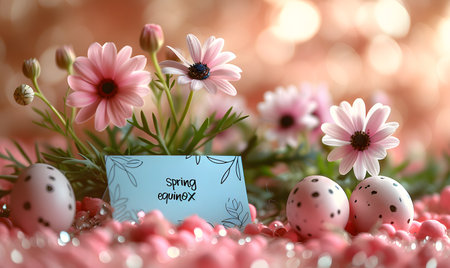 A table covered with pink flowers and eggs, creating a festive and colorful displayの素材