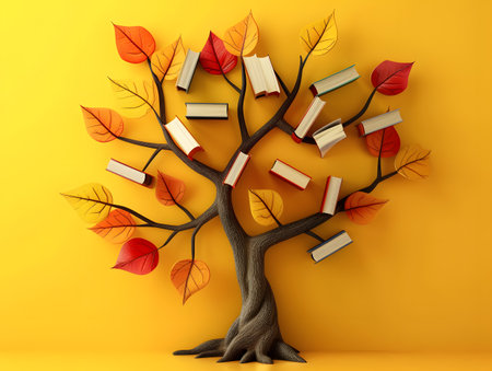 A tree with several books placed on its branches. World Book Dayの素材