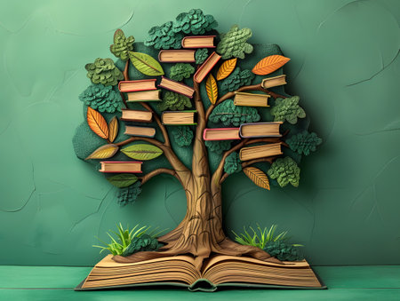 A book cleverly designed in the shape of a tree, decorated with smaller books on its branches. World Book Dayの素材