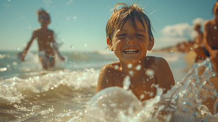 A group of diverse children joyfully playing in a shallow body of water. Some are splashing, others are building sandcastles, and a few are wading through the water on a sunny day.の素材