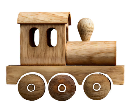 A classic wooden toy train with a natural finish, featuring a simple design with cylindrical wheels and a rounded stack, showcased against transparent backdropの素材
