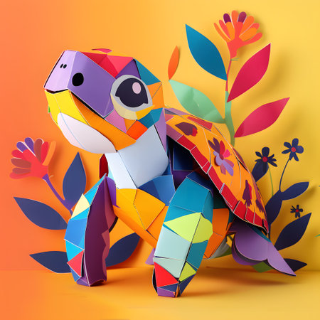 Colorful Geometric Paper Tortoise Craft Against an Orange Backgroundの素材