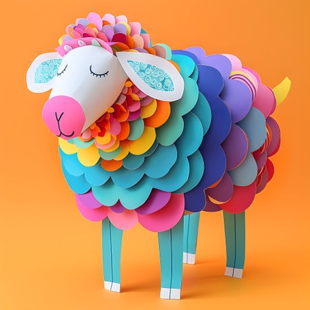 Vibrant Multi-Colored Paper Sheep Craft Displayed Against Orange Backgroundの素材