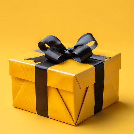 Yellow Gift Box With Black Ribbon on Yellow Background. Happy Mother's Day Conceptの素材